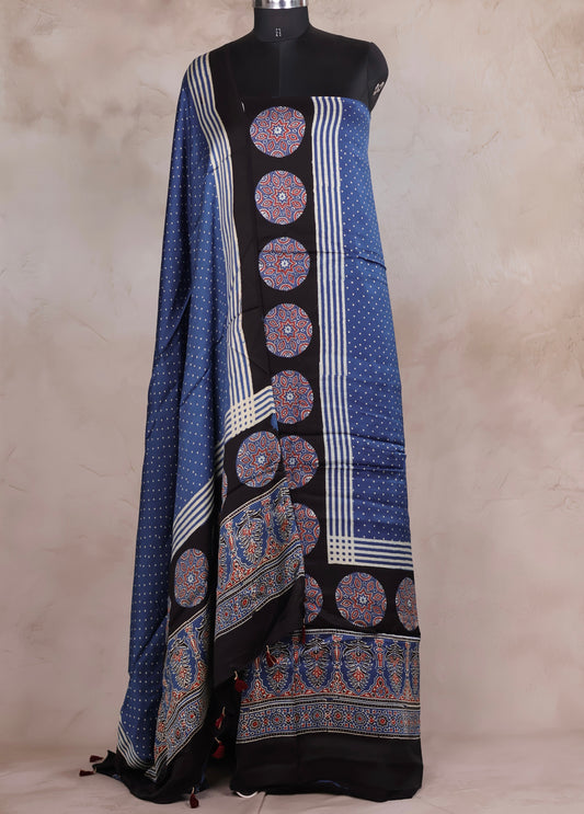 Indigo Ajrakh Handblock Printed Modal Silk 2 Piece Suit Set | Looms & Tassels