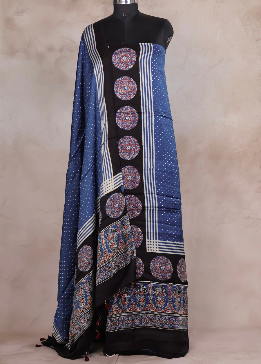 Indigo Ajrakh Handblock Printed Modal Silk 2 Piece Suit Set | Looms & Tassels