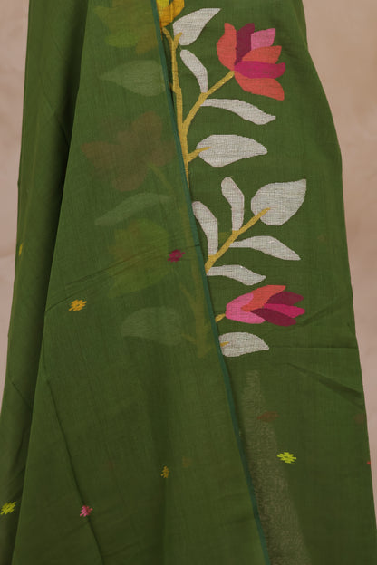 Green Handwoven Jamdhani weaving pure Malai cotton 2 piece suit sets | Looms & Tassels