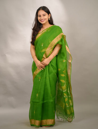 Paret Green Handloom Muslin Silk Saree With jamdhani weaving | Looms & Tassels