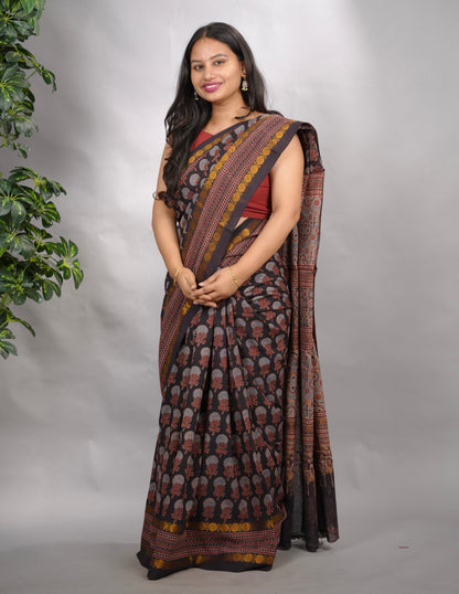 Black Ajrakh Hand Block Printed Sungudi Cotton Saree | Looms & Tassels