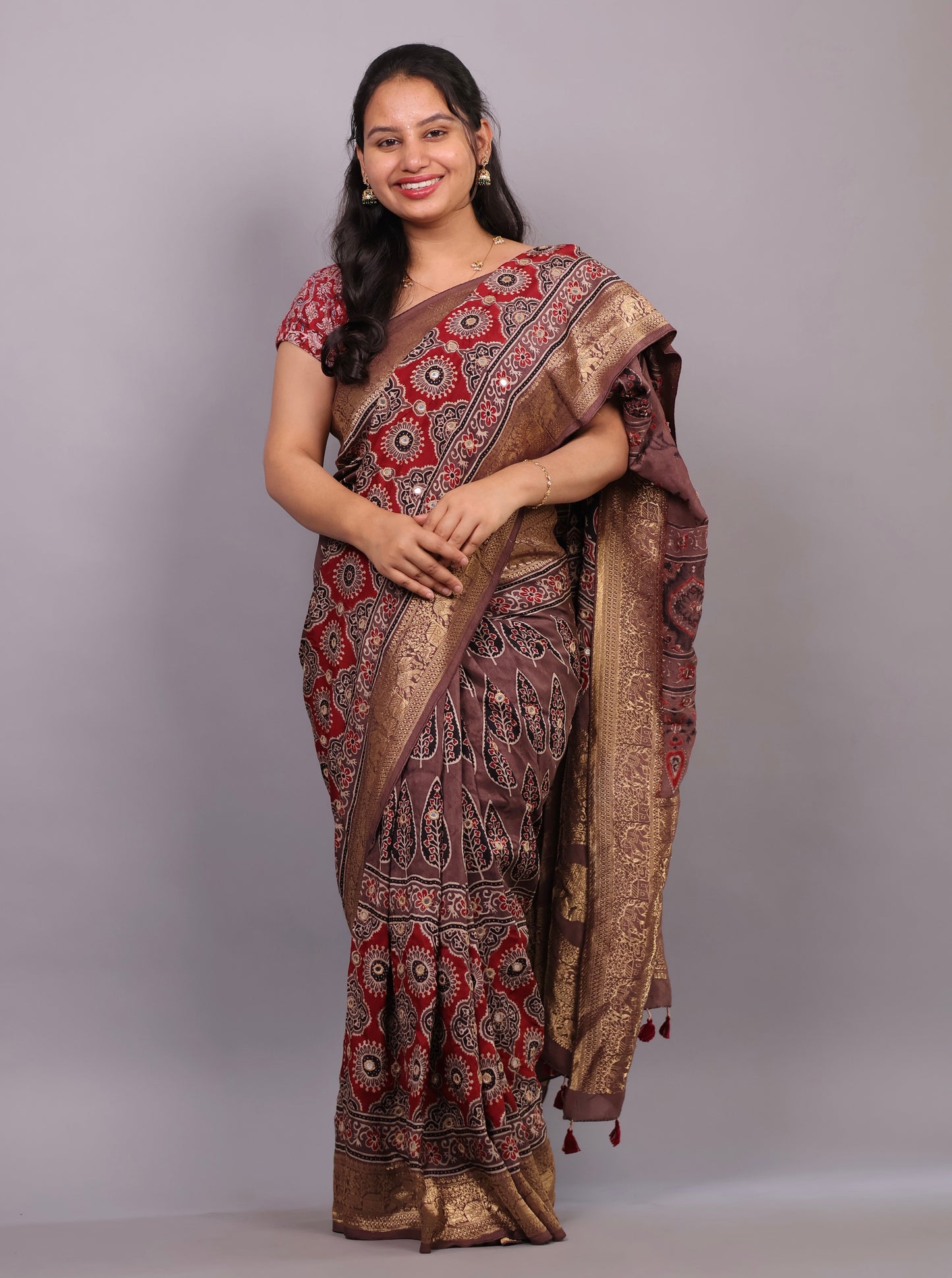 Handcrafted Ajrakh Dola Silk Saree with Authentic Banjara Mirror Work | Looms & Tassel