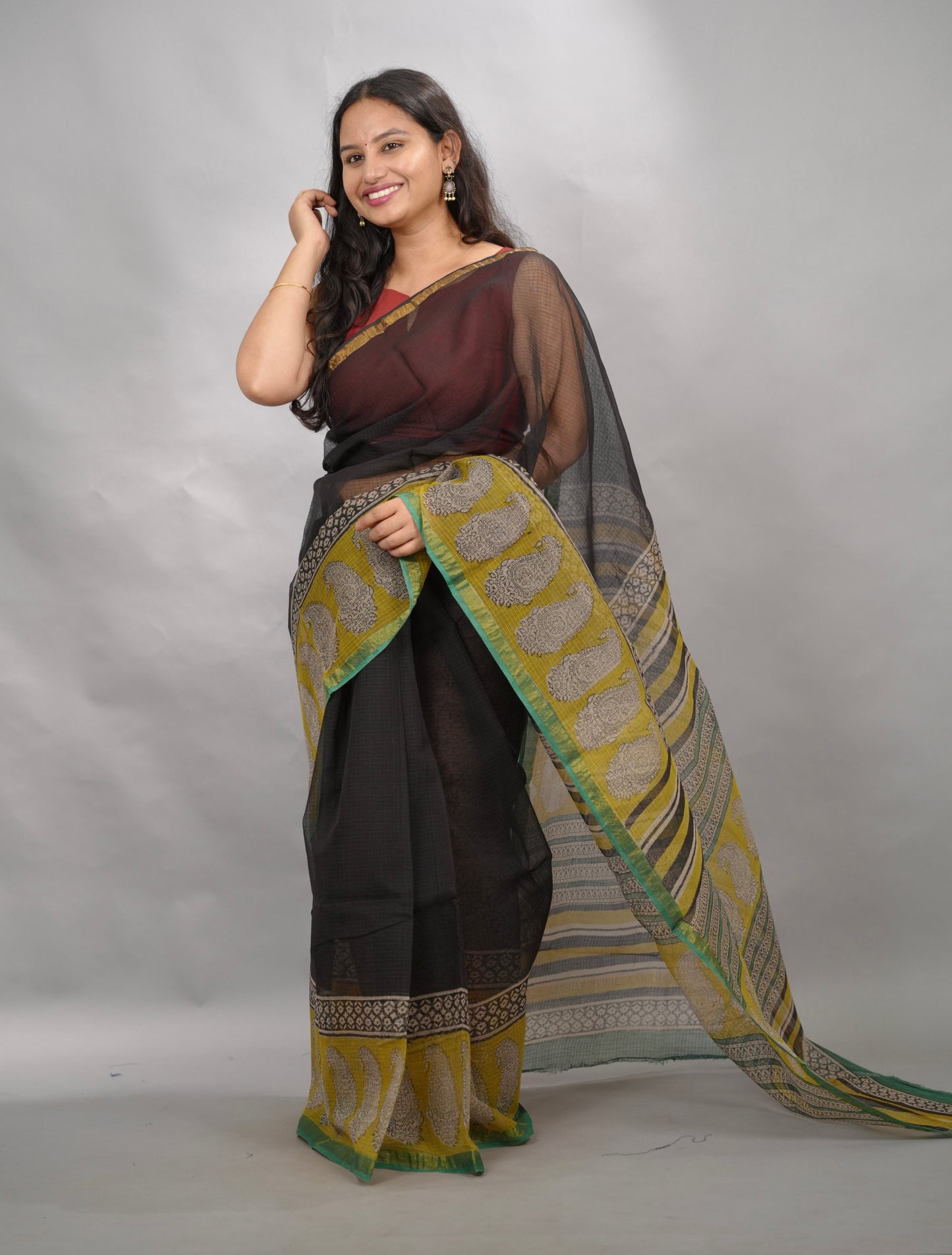 Black & Yellow Pure Kota Doria Saree with Bagru Handblock Prints | Looms & Tassels