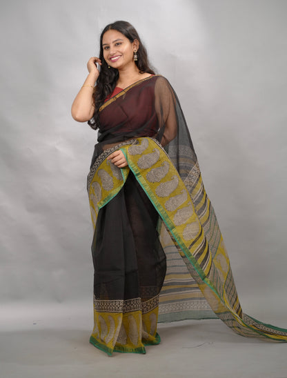 Black & Yellow Pure Kota Doria Saree with Bagru Handblock Prints | Looms & Tassels