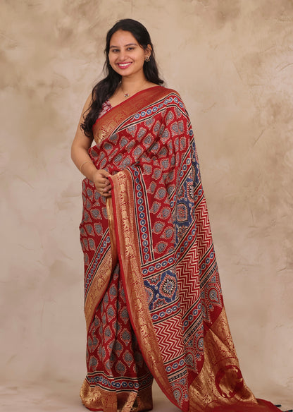 Maroon Butta Ajrakh Handblock printed Dola Silk Saree | Looms & Tassels