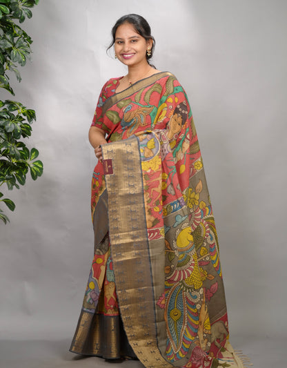 Peach Hand Drawn Pen Kalamkari Bangalore Silk Kanchi Border Saree | Looms & Tassels