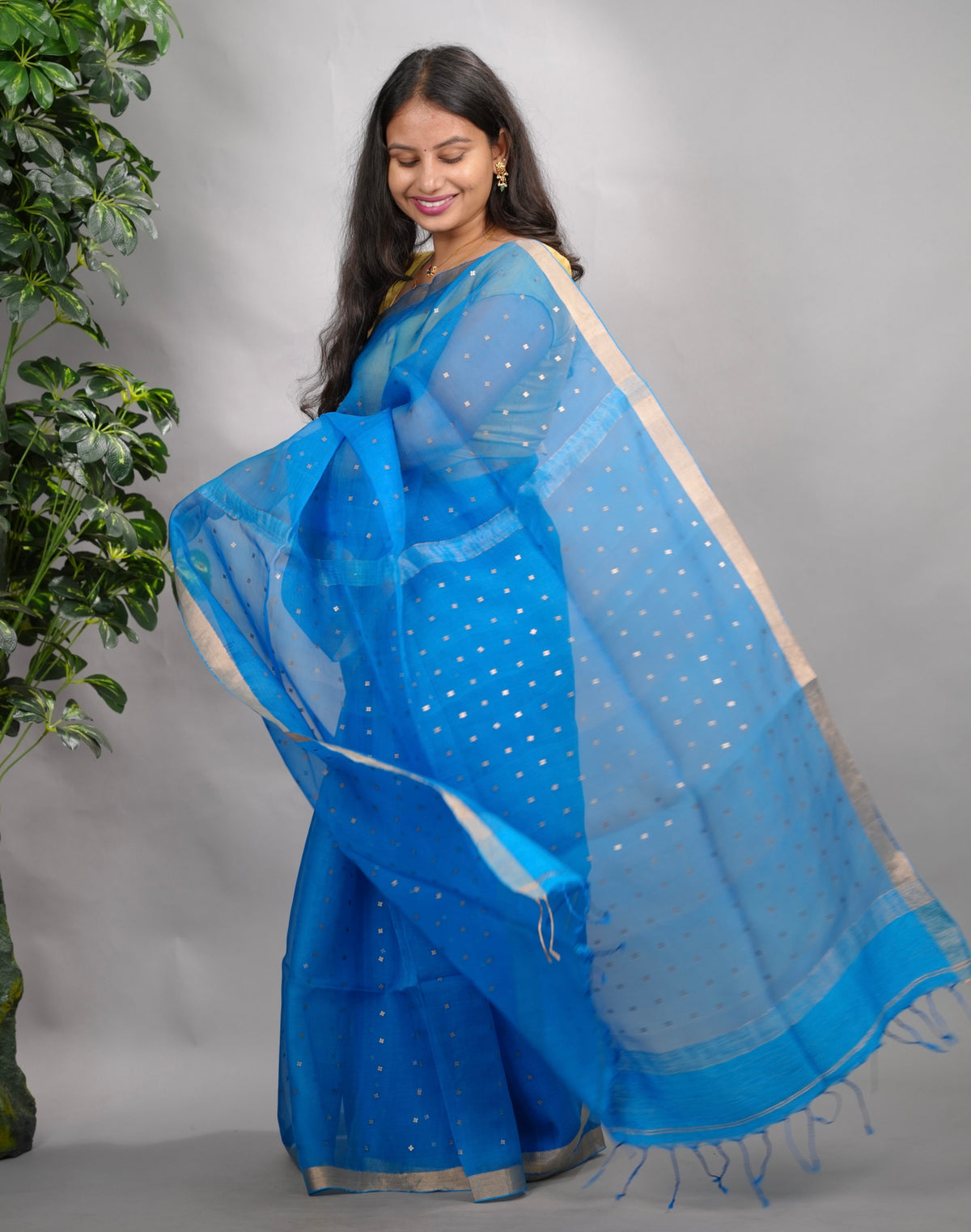 Blue Handwoven Muslin Silk Saree With Sequence Work | Looms & Tassels