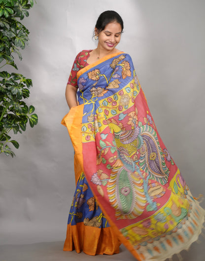 Blue Hand Drawn Pen Kalamkari Bangalore Silk Kanchi Border Saree | Looms & Tassels