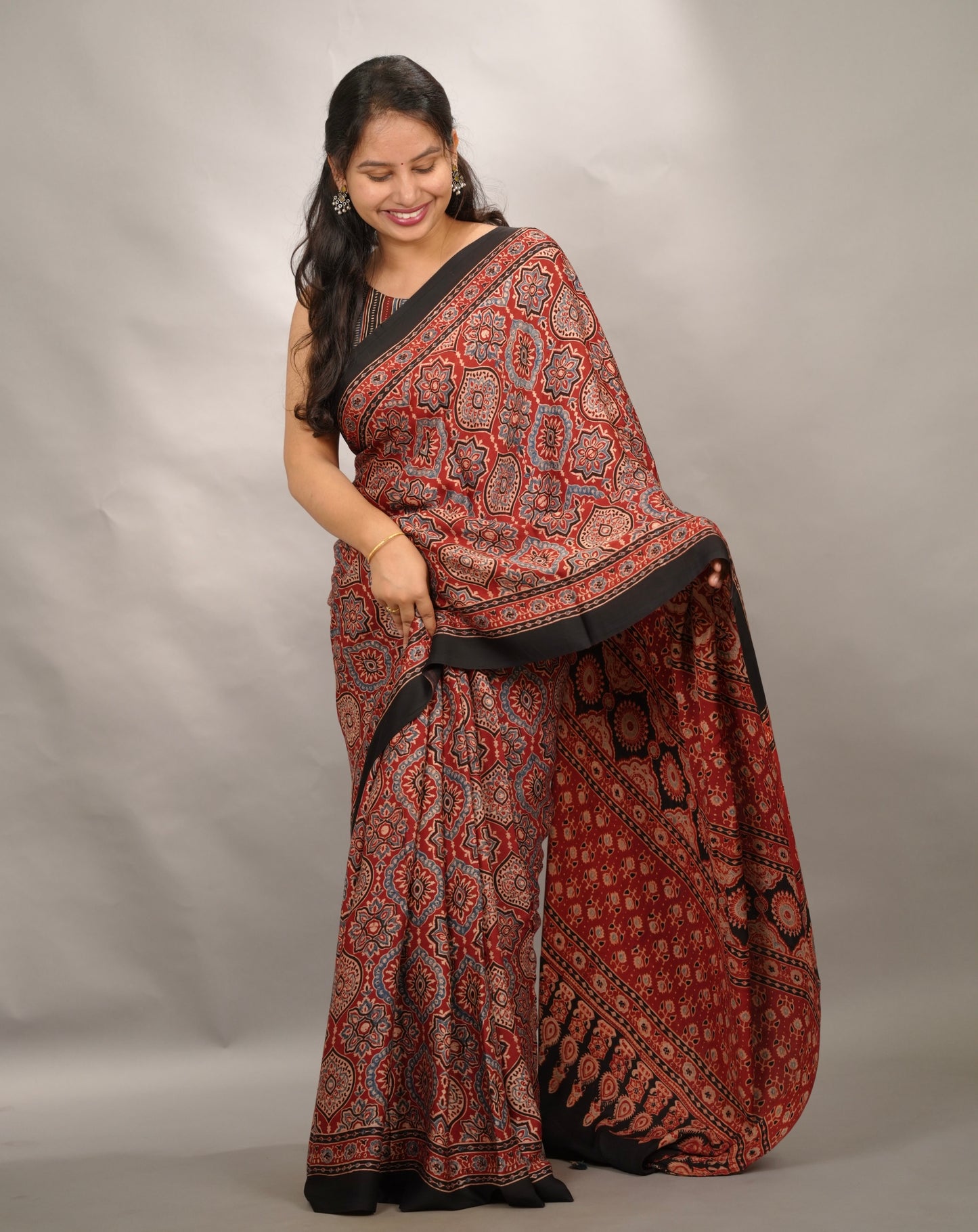 Maroon Badam Butta Authentic Ajrakh Handblock Printed Modal Silk Saree | Looms & Tassels