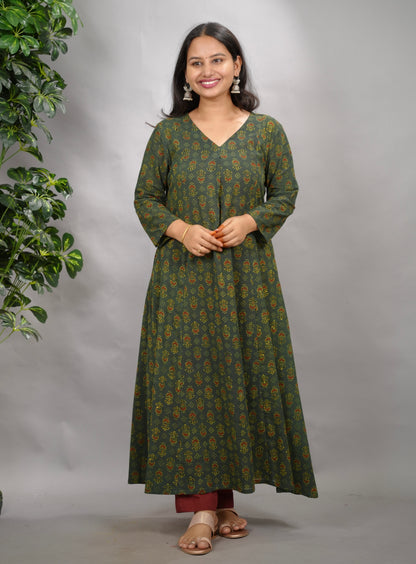 Green Ajrakh Cotton Kali Kurta | Looms & Tassels