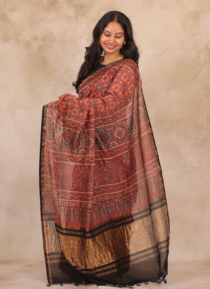 Maheswari Silk Cotton Ajrakh Handblock Printed Saree | Looms & Tassels