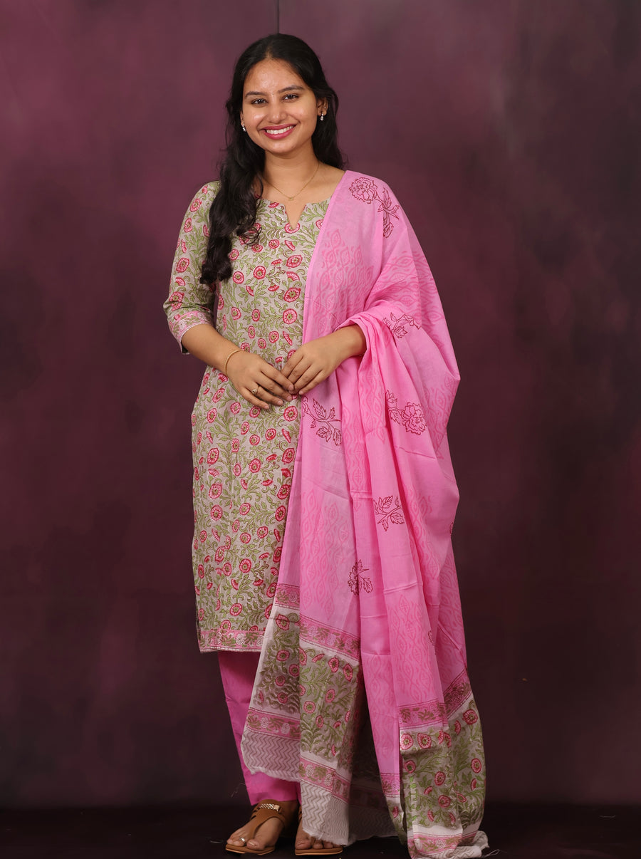 Grey & Pink Handblock printed Pure Mul Cotton with Mul Cotton Duppata 3 piece suit (stitched)