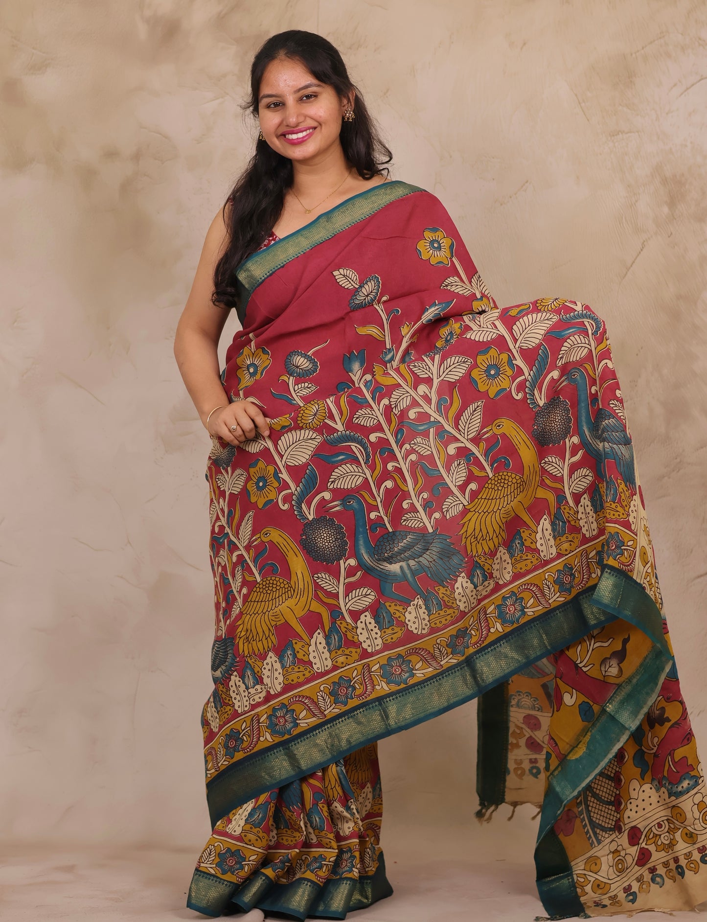 Magenta Floral Kalamkari Nizam Border Chennur Silk Saree | Looms & Tassels
