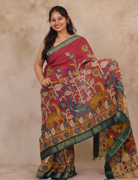 Magenta Floral Kalamkari Nizam Border Chennur Silk Saree | Looms & Tassels