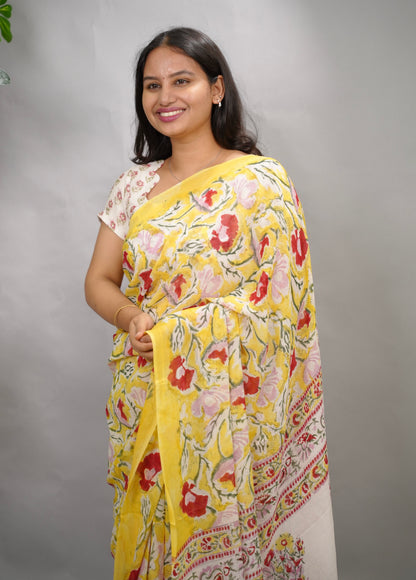 Yellow Georgette Hand Block Printed Saree| Looms & Tassels