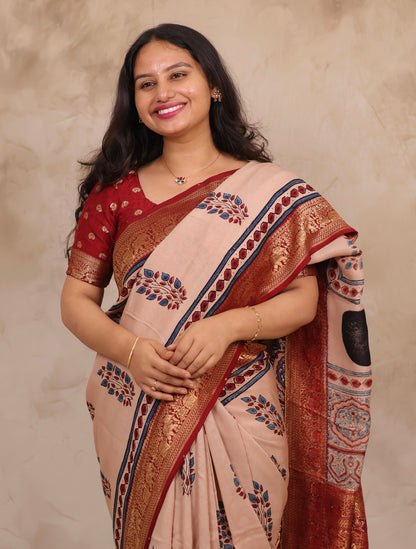 Ajrakh Handblock printed Dola Silk Saree | Looms & Tassels