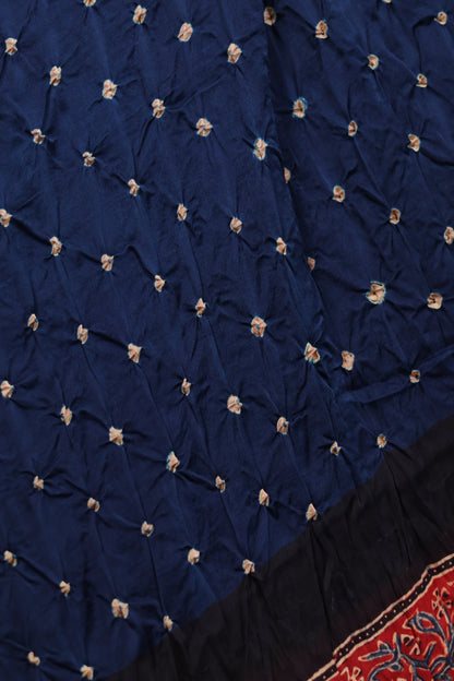 Cyan Blue Hand Knotted Ajrakh Bandhej Modal Silk Saree | Looms & Tassels