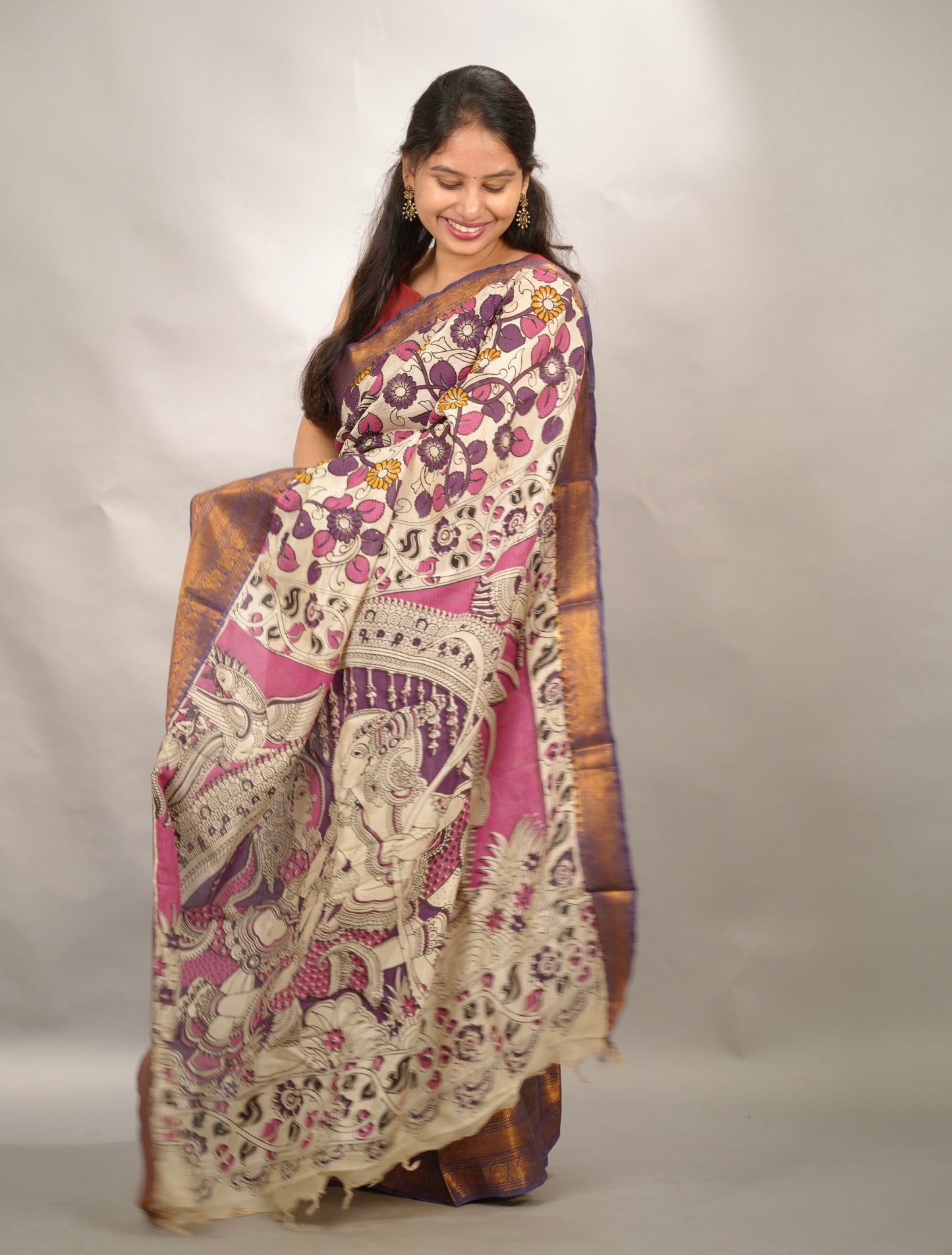 Off White Kanchi border Kalamkari chennur silk saree | Looms & Tassels