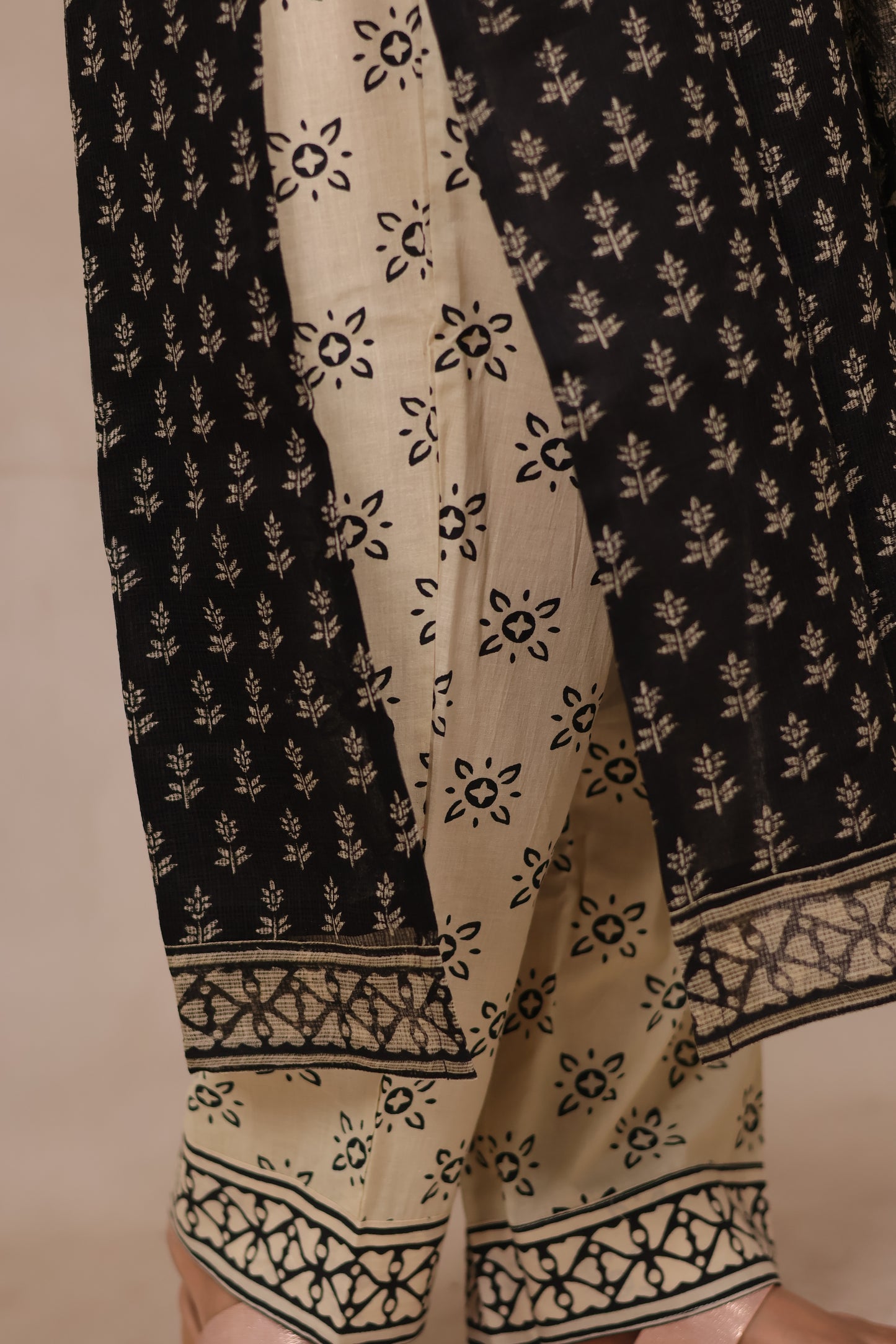 Black Handblock printed kota 3 piece suit (stitched)