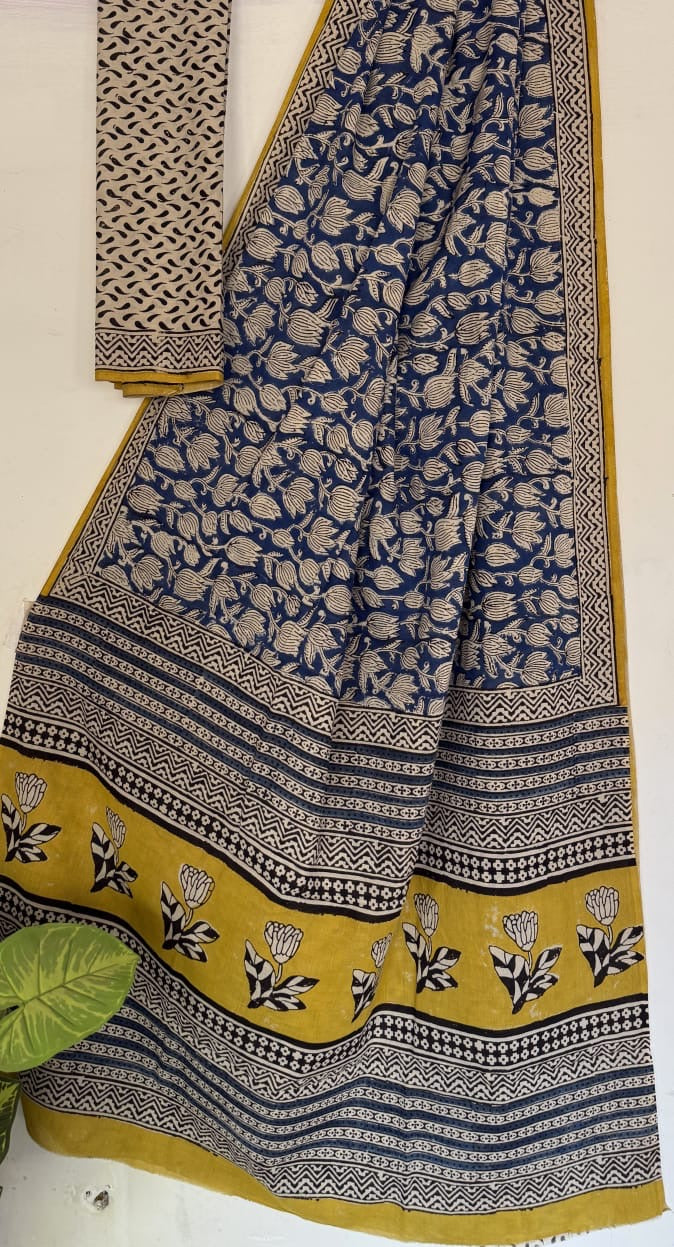 Blue Bagru Handblock printed MulMul cotton saree