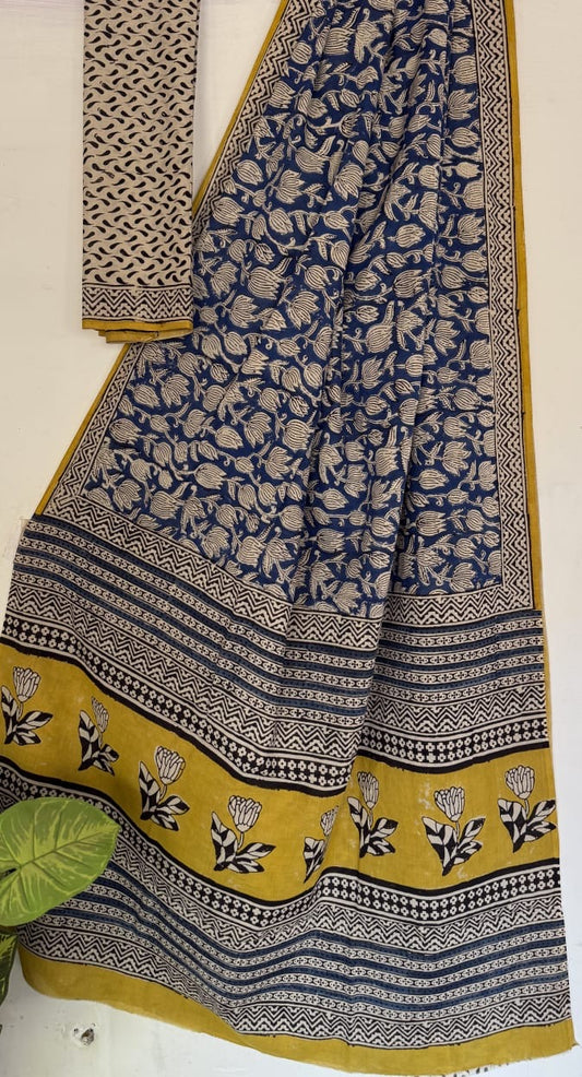 Blue Bagru Handblock printed MulMul cotton saree
