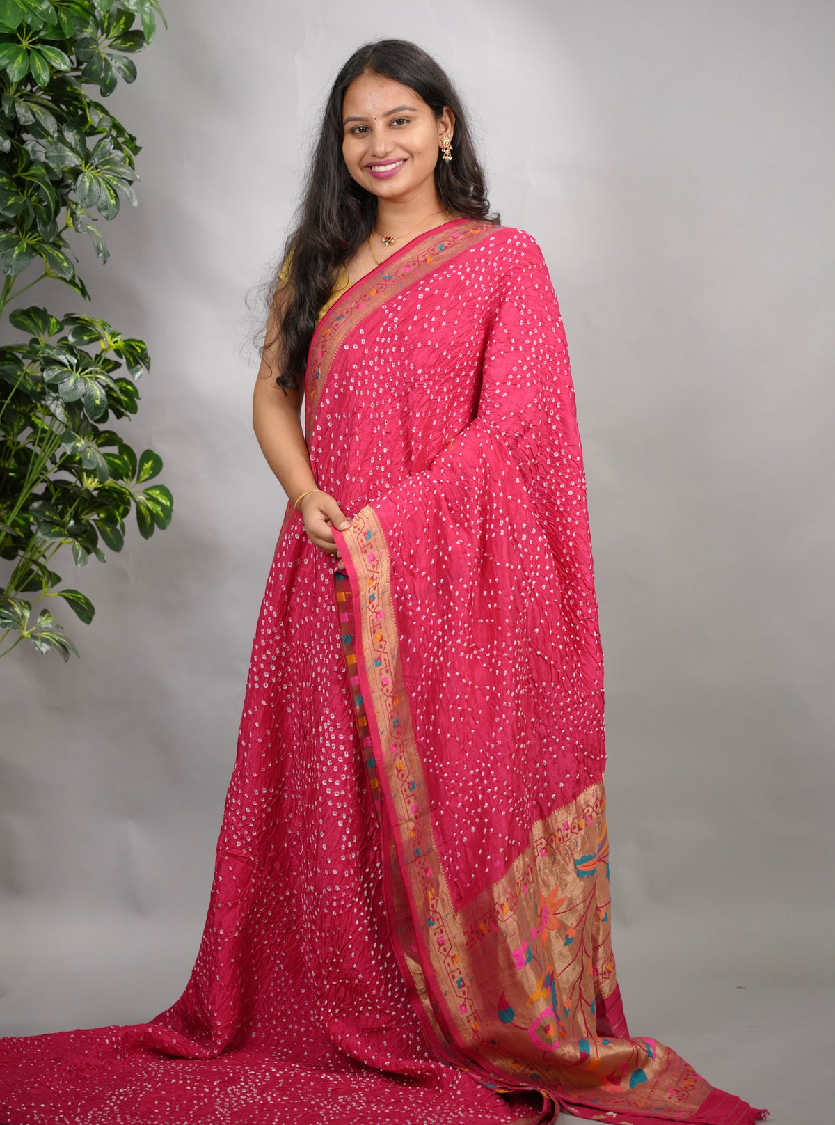 Pink Handcrafted  Pattern Bandhani Paithani Dola Silk Saree | Looms & Tassels