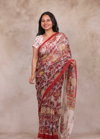 Red Chiffon Hand Block Printed Saree | Looms & Tassels