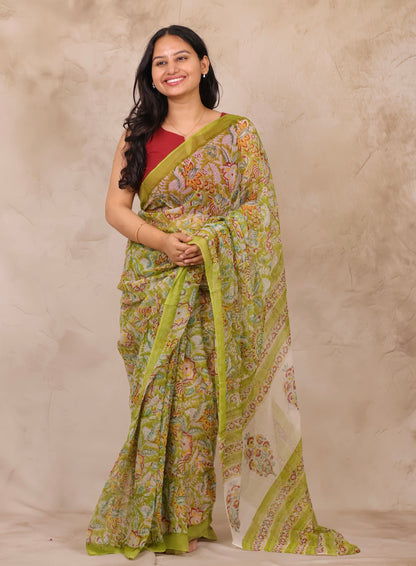 Green Chiffon Hand Block Printed Saree | Looms & Tassels