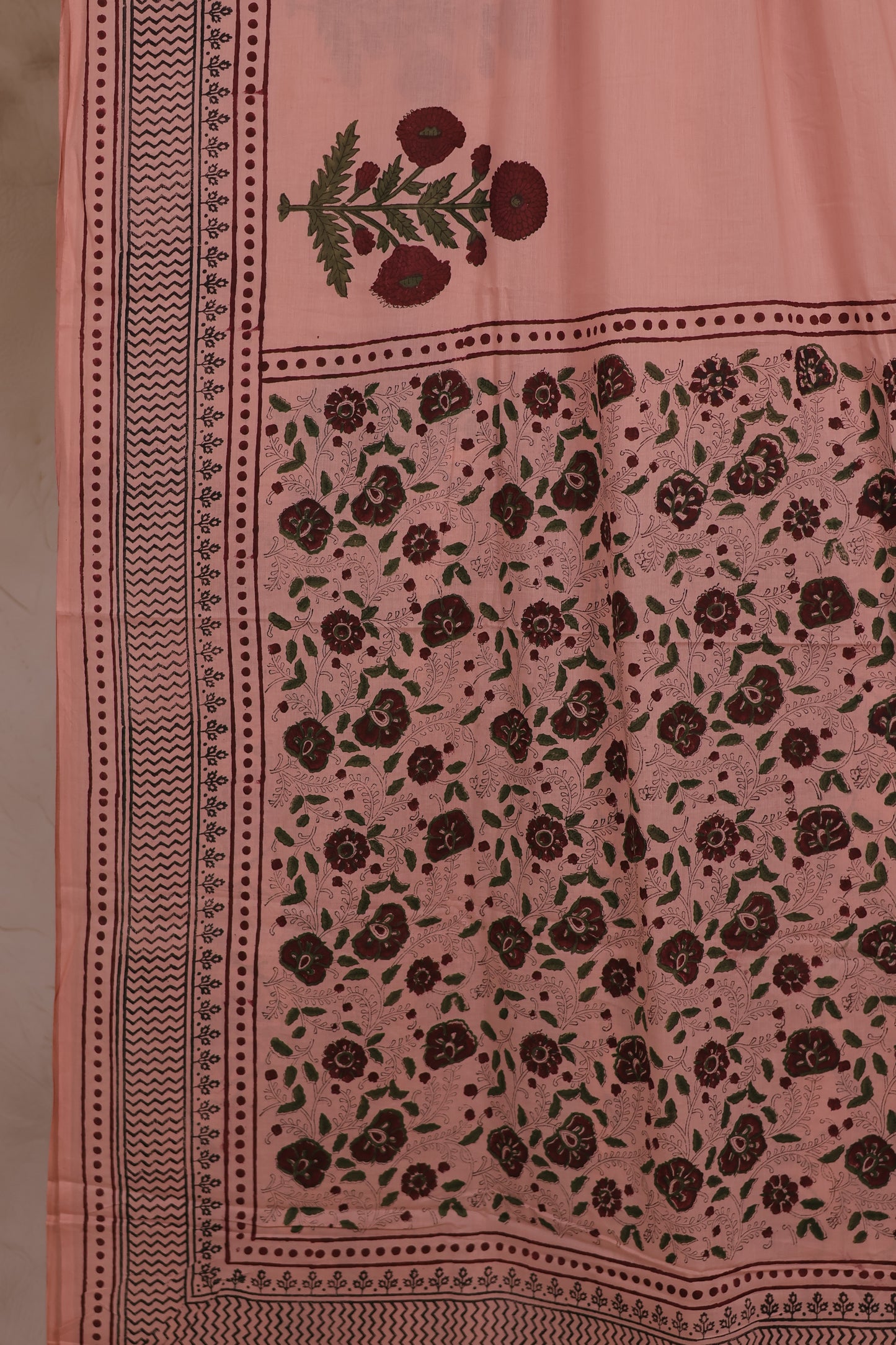 Peach Bagru Handblock printed MulMul cotton saree | Looms & Tassels