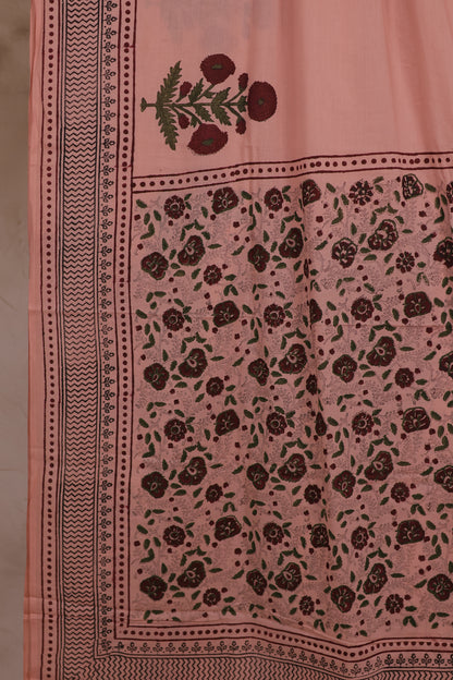 Peach Bagru Handblock printed MulMul cotton saree | Looms & Tassels