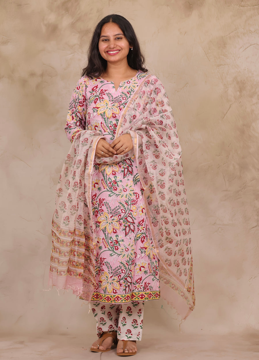 Pastel Pink Handblock printed Pure Mul Cotton with Kota Doria Duppata 3 piece suit (stitched)