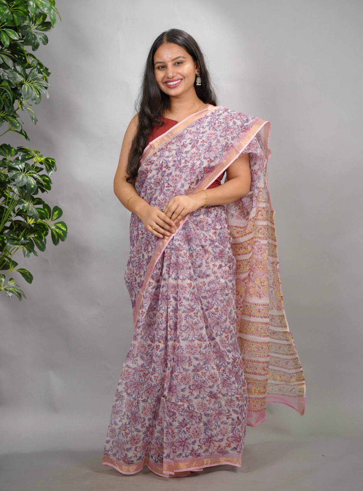 White & Lavender Pure Kota Doria Saree with Bagru Handblock Prints