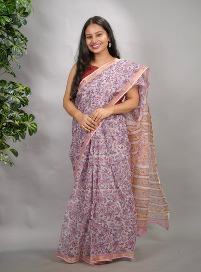 White & Lavender Pure Kota Doria Saree with Bagru Handblock Prints