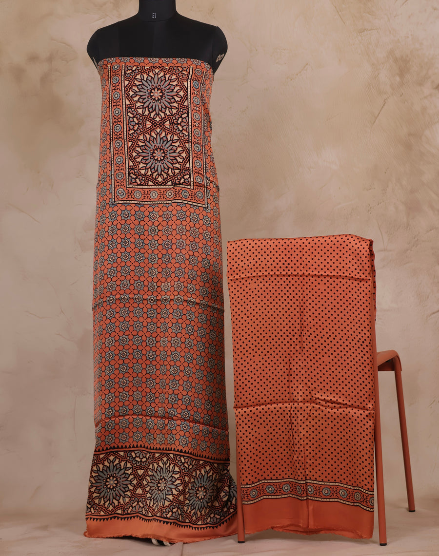 Brown Ajrakh Hand Block Printed Natural Dyed Modal Silk 2 Piece Suit Set | Looms & Tassels