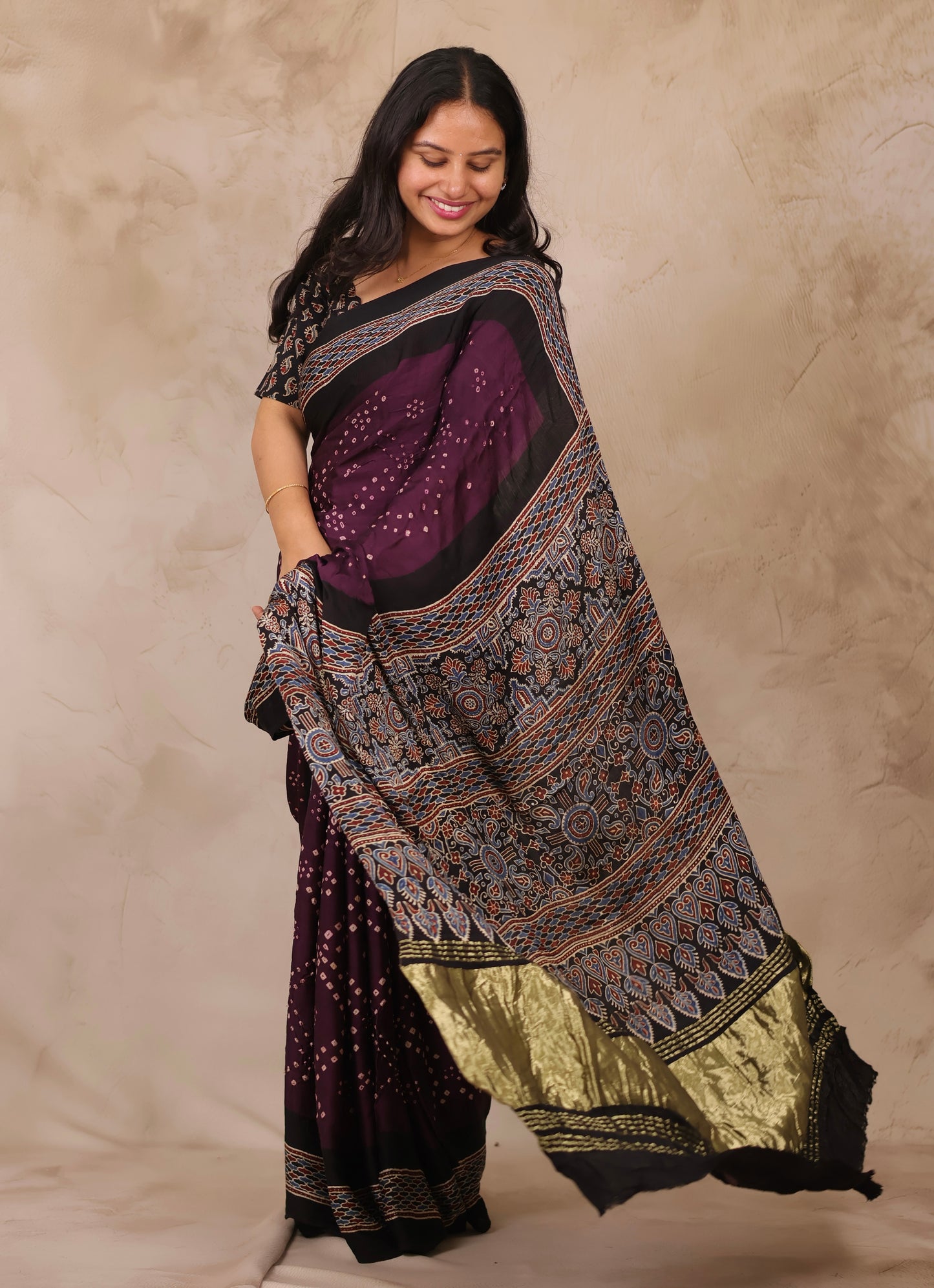 Jamun Hand Knotted Bandhej Arakh Modal Silk Saree with Lagdi Pallu | Looms & Tassels
