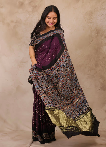 Jamun Hand Knotted Bandhej Arakh Modal Silk Saree with Lagdi Pallu | Looms & Tassels