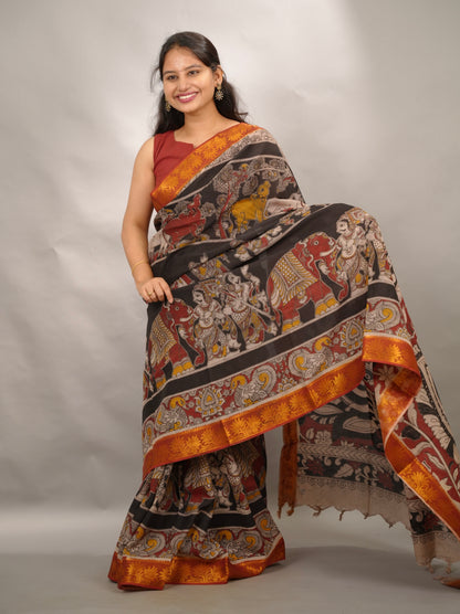 Black Kanchi border Kalamkari chennur silk saree | Looms & Tassels