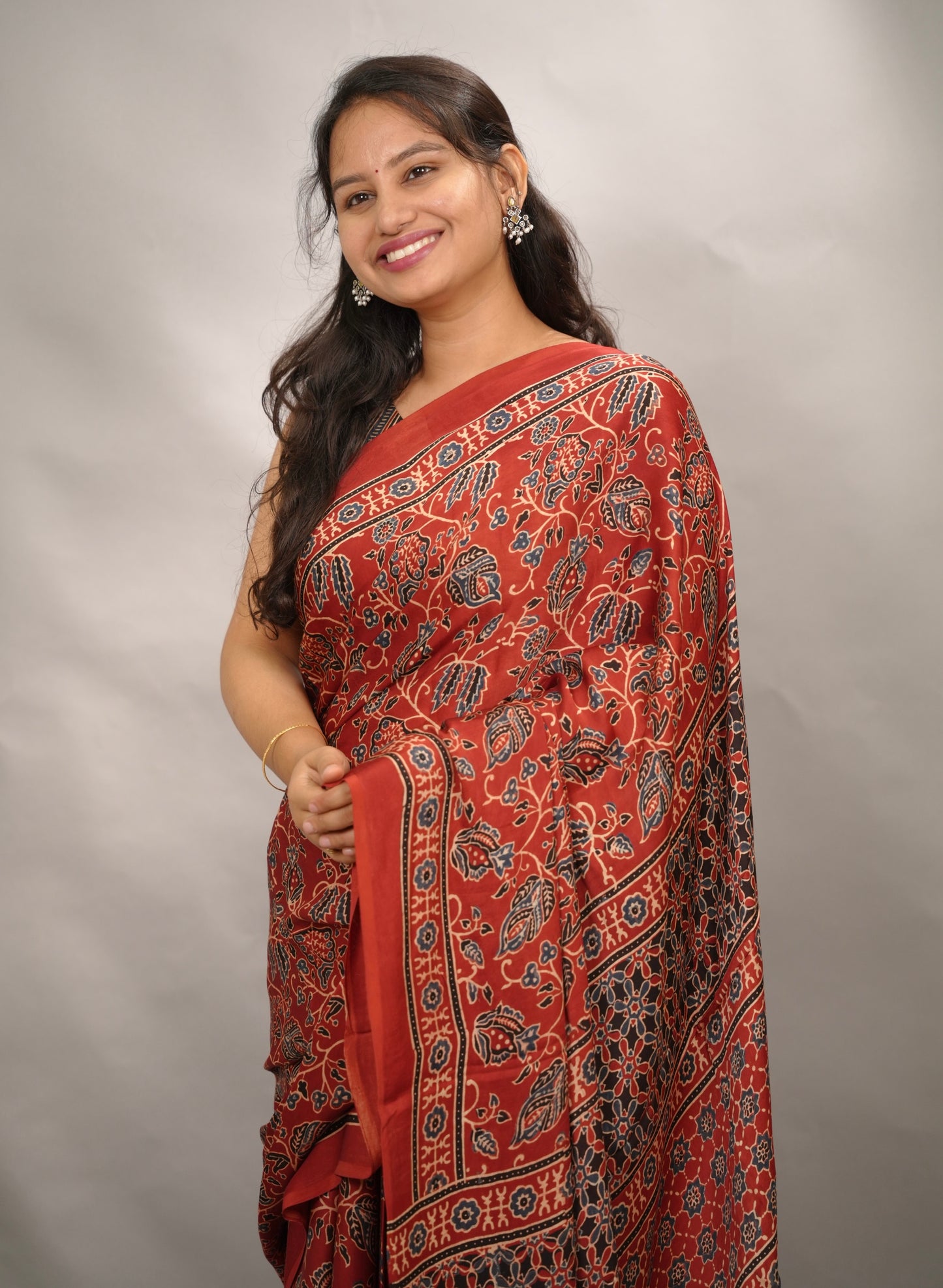 Red Authentic Ajrakh Handblock Printed Modal Silk Saree | Looms & Tassels