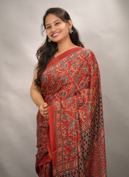 Red Authentic Ajrakh Handblock Printed Modal Silk Saree | Looms & Tassels