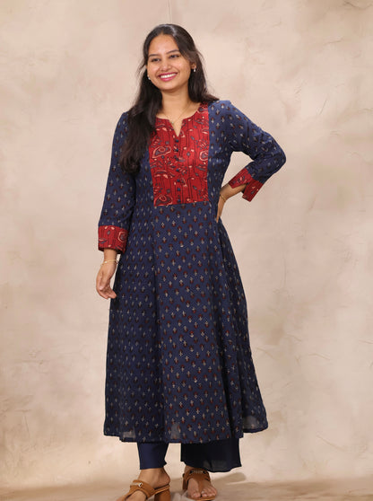 Indigo Patch Work Ajrakh Handblock Printed Kali Kurti (Pure Mul Cotton ) | Looms & Tassels