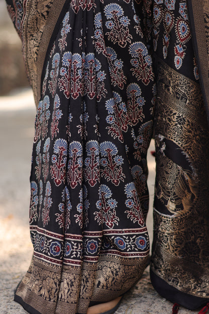 Ajrakh Dola Silk Saree