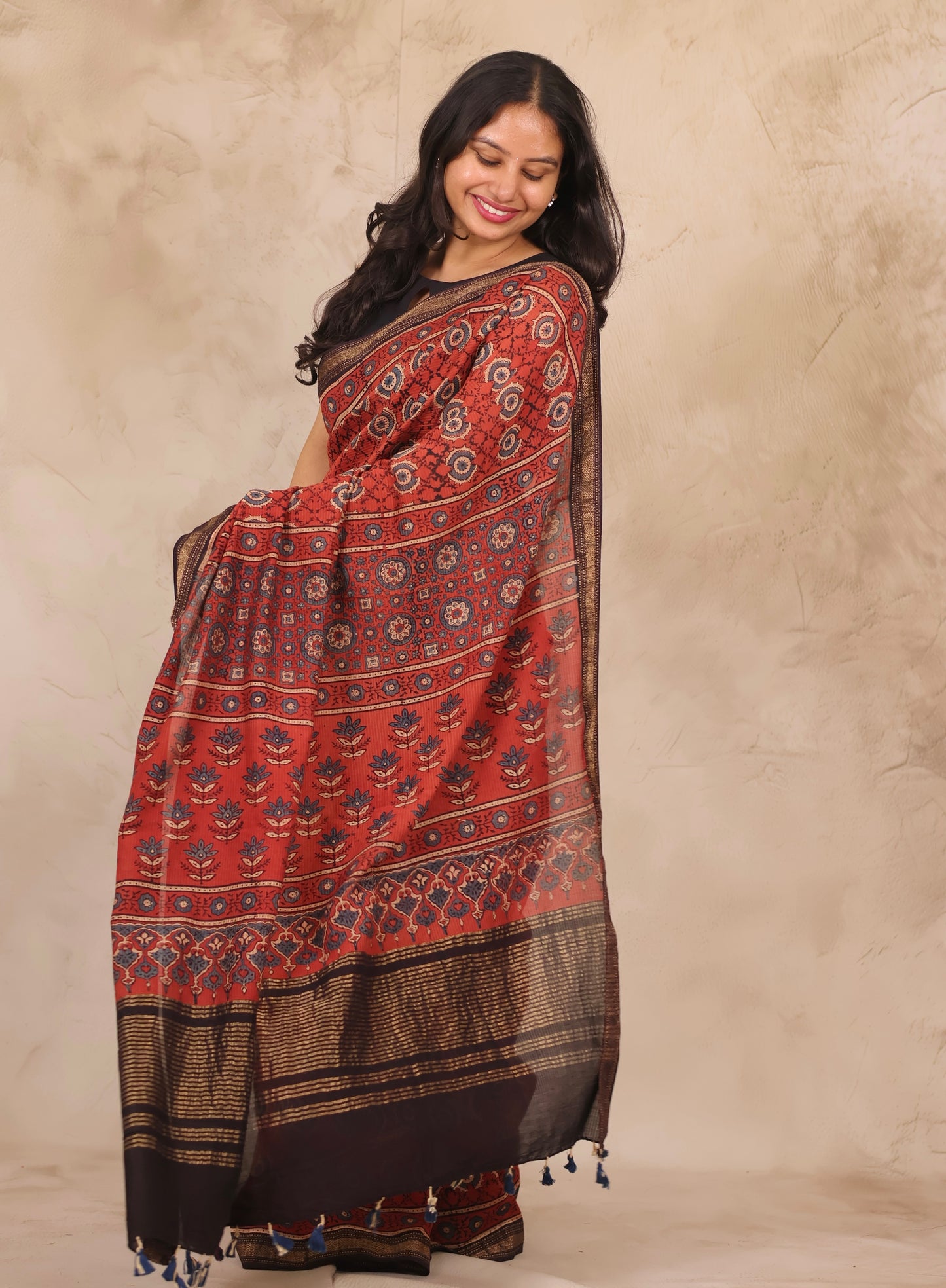 Maheswari Silk Cotton Ajrakh Handblock Printed Saree | Looms & Tassels