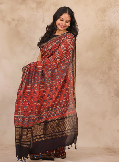 Maheswari Silk Cotton Ajrakh Handblock Printed Saree | Looms & Tassels