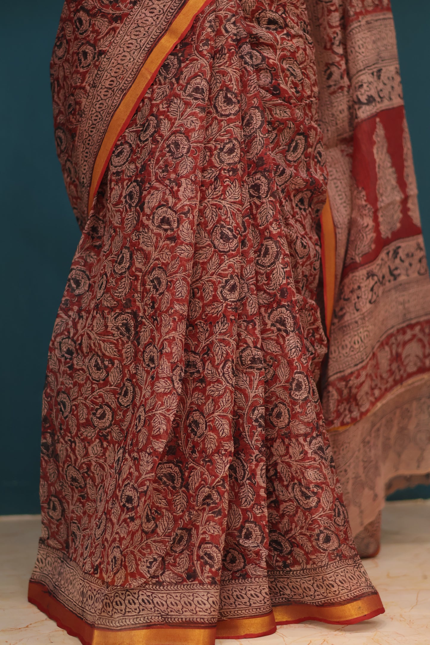 Red Kalamkari Hand block printed Kota Doria Saree