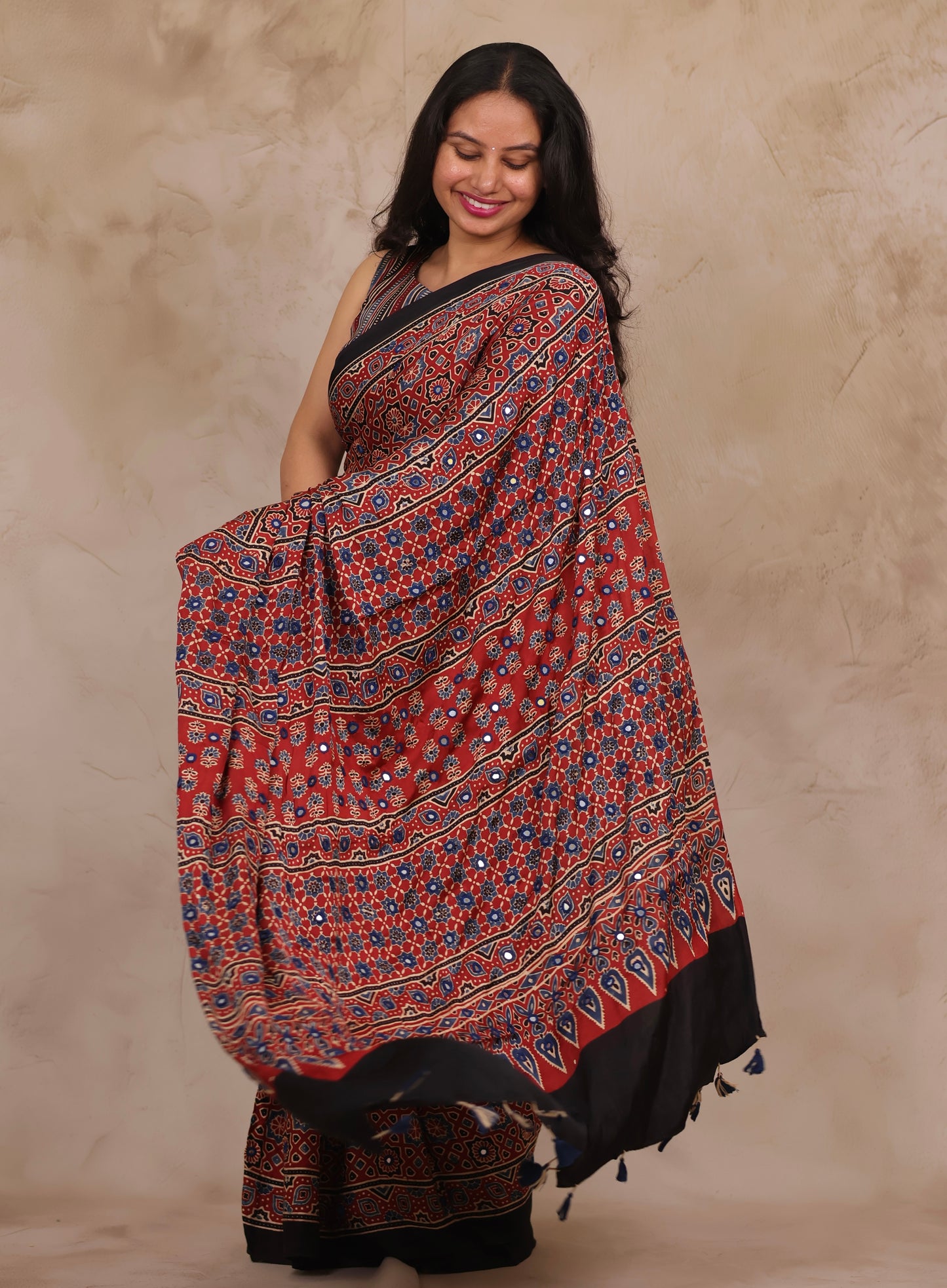 Red Handcrafted Ajrakh Modal Silk Saree with Authentic Banjara Mirror Work | Looms & Tassels