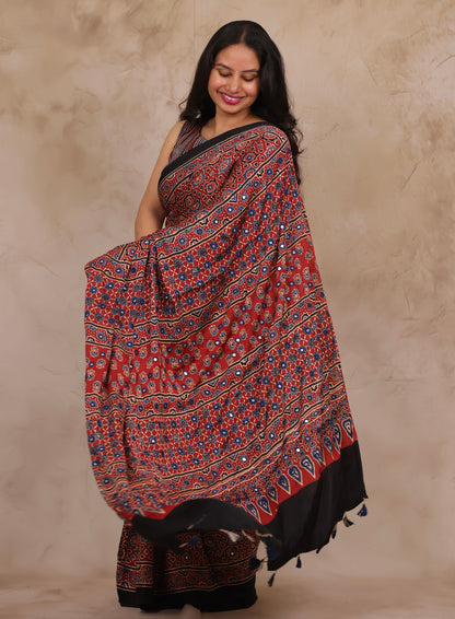 Red Handcrafted Ajrakh Modal Silk Saree with Authentic Banjara Mirror Work | Looms & Tassels