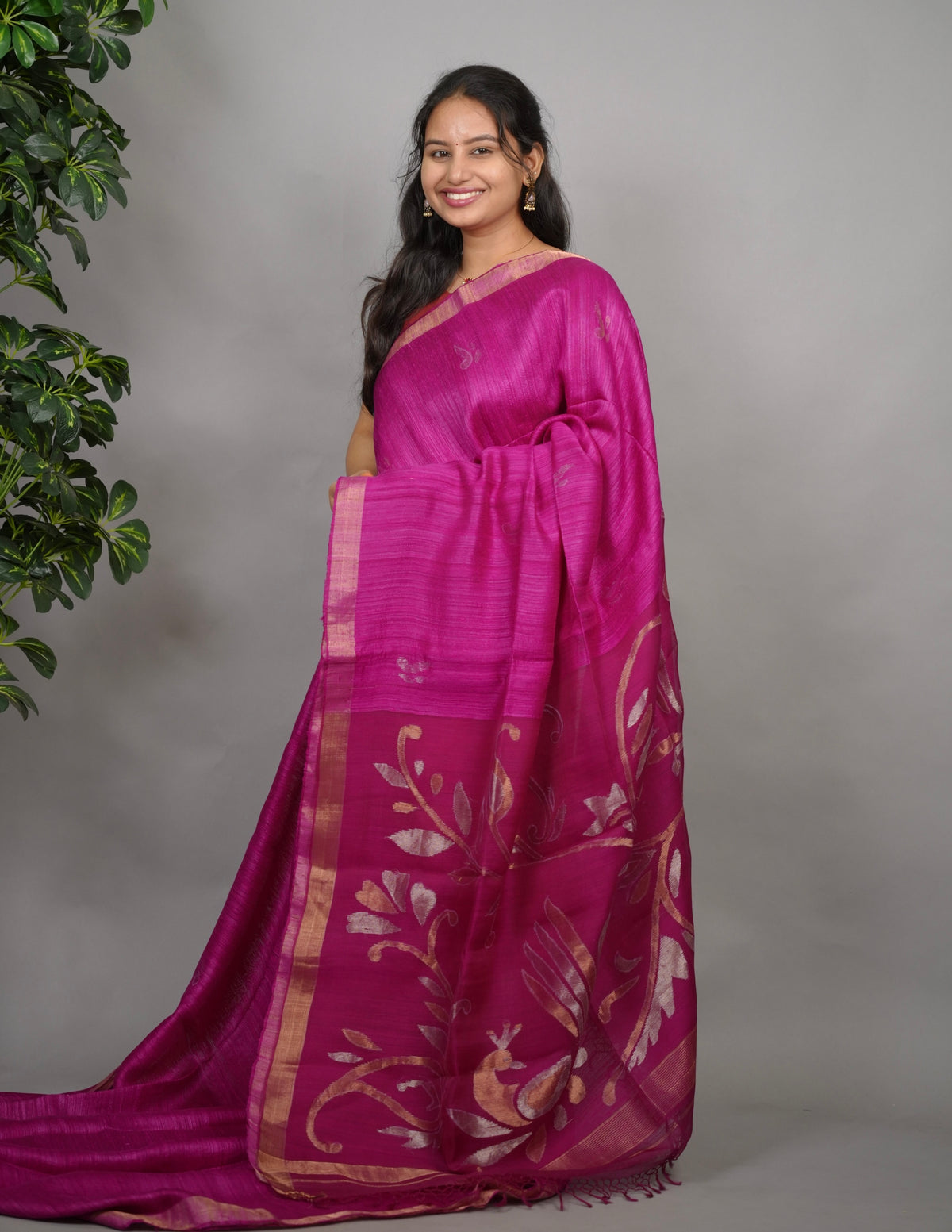 Pink Handloom Jamdhani Pure Matka Silk Saree with Muslin Silk Pallu | Looms & Tassels