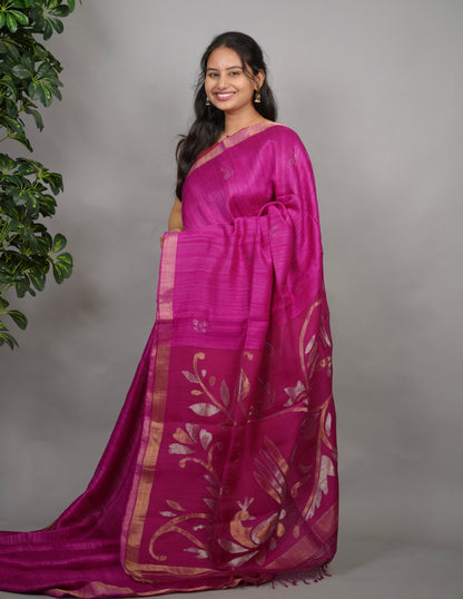 Pink Handloom Jamdhani Pure Matka Silk Saree with Muslin Silk Pallu | Looms & Tassels