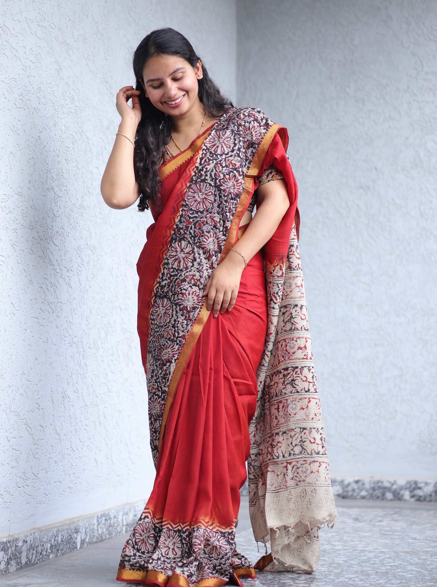 Red Kalamkari dyeing premium chennur silk with hand block print saree