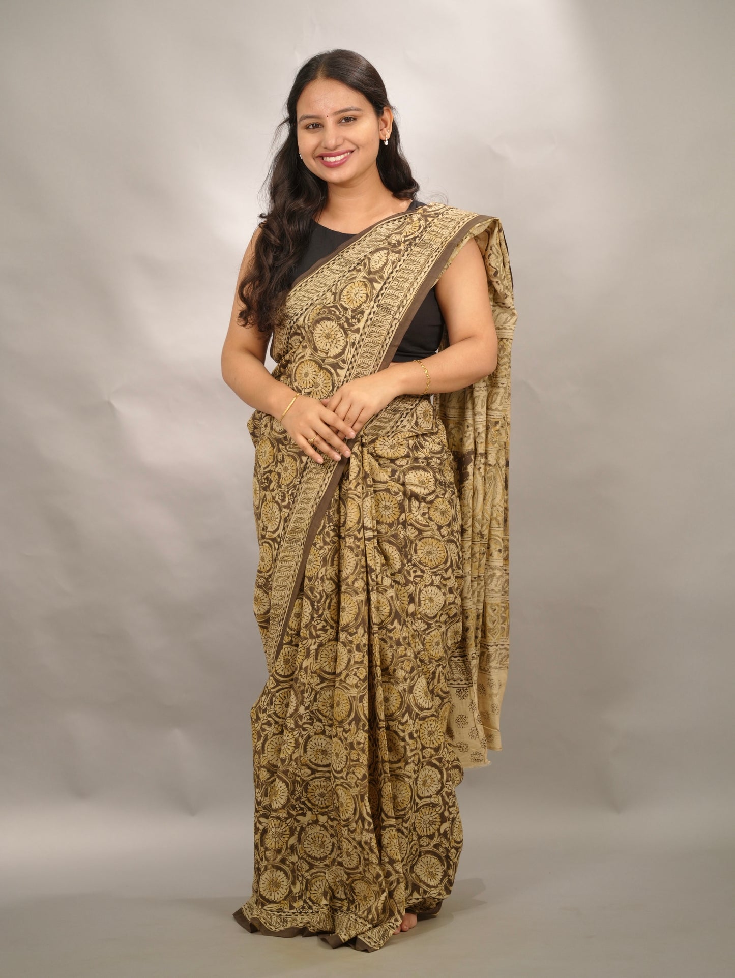 Mehendi Green Hand Block Printed Kalamkari Cotton Saree | Looms & Tassels